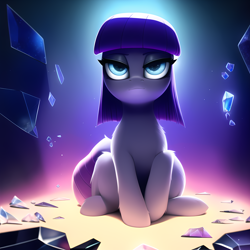 Size: 3840x3840 | Tagged: safe, derpibooru exclusive, editor:r-tex1241, imported from derpibooru, maud pie, earth pony, pony, ai content, ai generated, cave, cavern, crystal, female, food, gem, generator:novelai, generator:stable diffusion, light, looking at you, no clothes, pie, rock, shards, sitting, solo