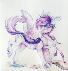 Size: 1660x1733 | Tagged: safe, artist:mithriss, imported from derpibooru, oc, oc only, changeling, hybrid, mantis, pony, book, fangs, horn, insect wings, male, raised tail, shapeshifting, solo, stallion, tail, thoughtful, traditional art, watercolor painting, wings