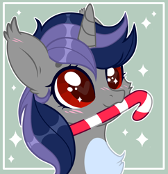 Size: 2634x2720 | Tagged: safe, artist:sarahsuresh-art, imported from derpibooru, oc, oc only, oc:dreaming star, bat pony, bat pony unicorn, hybrid, pony, unicorn, bat pony oc, bust, candy, candy cane, chest fluff, christmas, commission, cute, food, hearts warming day, holiday, horn, male, ocbetes, pale belly, portrait, red eyes, solo, stallion, ych result