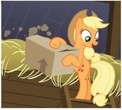 Size: 1080x975 | Tagged: safe, imported from derpibooru, screencap, applejack, box, butt, plot, smiling, straw