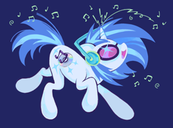 Size: 1280x947 | Tagged: safe, artist:1hoorn, imported from derpibooru, dj pon-3, vinyl scratch, pony, unicorn, alternate cutie mark, blue background, cute, glasses, headphones, music notes, open mouth, simple background, smiling, solo, vinyl's glasses, vinylbetes