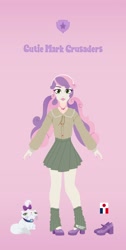 Size: 1036x2048 | Tagged: safe, artist:pleasantlypony, imported from derpibooru, opalescence, sweetie belle, human, female, humanized, pigtails, pink background, simple background, solo, twintails