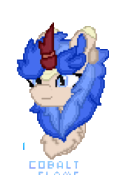 Size: 584x800 | Tagged: safe, artist:sodapop sprays, imported from derpibooru, oc, oc only, oc:cobalt flame, kirin, pony, animated, bust, chest fluff, gif, kirin oc, looking at you, one eye closed, pixel art, simple background, smiling, smiling at you, solo, transparent background, wink, winking at you