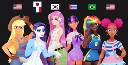 Size: 2048x1050 | Tagged: safe, artist:pleasantlypony, imported from derpibooru, applejack, fluttershy, pinkie pie, rainbow dash, rarity, twilight sparkle, human, afro puffs, alternate hairstyle, black background, brazil, cuba, dark skin, france, hand on hip, humanized, japan, light skin, looking at you, mane six, moderate dark skin, one eye closed, simple background, south korea, tan skin, united states