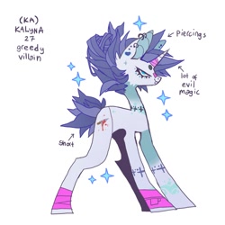 Size: 964x964 | Tagged: safe, artist:batthsalts, imported from derpibooru, oc, oc only, oc:kalyna, pony, unicorn, bandage, bandaid, bandaid on nose, beanbrows, blood, cheek fluff, ear fluff, ear piercing, earring, eyebrows, hair bun, jewelry, knife, lip piercing, not rarity, piercing, short tail, simple background, snake bites, solo, sparkles, tail, tattoo, text, white background