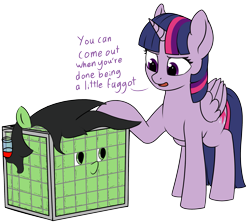 Size: 2685x2388 | Tagged: safe, artist:smoldix, artist:valeidem, edit, imported from derpibooru, twilight sparkle, oc, oc:filly anon, alicorn, earth pony, pony, cage, dialogue, drawthread, faggot, female, filly, foal, folded wings, horn, mare, ponybooru import, simple background, slur, transparent background, twilight sparkle (alicorn), vulgar, wings