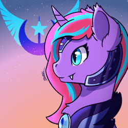 Size: 500x500 | Tagged: safe, artist:backgroundpony#f352, imported from derpibooru, oc, bat pony, pony, unicorn, armor, chest fluff, closed mouth, ear fluff, eyes open, fangs, female, horn, looking to the left, mare, new lunar republic, profile, signature, solo, sunset