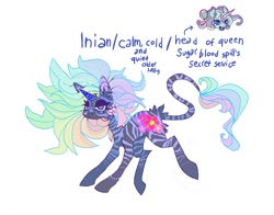Size: 1178x924 | Tagged: safe, alternate version, artist:batthsalts, imported from derpibooru, oc, oc only, oc:inian, hybrid, pony, unicorn, zony, alternate cutie mark, bat wings, beanbrows, bracelet, choker, colored horn, ear piercing, earring, eyebrows, horn, horns, jewelry, leonine tail, lidded eyes, looking at you, looking back, looking back at you, magenta eyes, necklace, piercing, sharp teeth, simple background, solo, stripes, tail, teeth, text, unicorn oc, white background, wings, zony oc