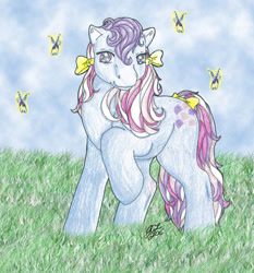Size: 863x926 | Tagged: safe, artist:sweets-b, imported from derpibooru, sweet stuff, butterfly, twinkle eyed pony, bow, cute, g1, hair bow, sweet sweet stuff, tail, tail bow