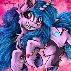 Size: 1024x1024 | Tagged: safe, artist:angelwingsmlpfim, imported from derpibooru, izzy moonbow, pony, unicorn, bracelet, cute, eye clipping through hair, female, friendship bracelet, g5, grin, izzybetes, jewelry, mare, signature, simple background, smiling, solo
