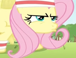 Size: 1397x1080 | Tagged: safe, imported from derpibooru, screencap, fluttershy, pegasus, pony, hurricane fluttershy, blurry, grass, i can see the pixels, solo, sweatband, training, tree, upscaled