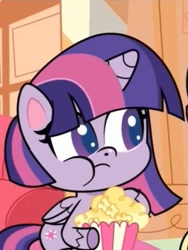 Size: 337x448 | Tagged: safe, imported from derpibooru, screencap, twilight sparkle, alicorn, pony, director spike's mockumentary, my little pony: pony life, eating, female, food, g4.5, looking at someone, mare, offscreen character, popcorn, puffy cheeks, solo, twilight sparkle (alicorn)