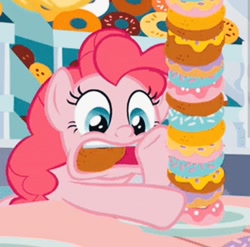 Size: 1080x1068 | Tagged: safe, imported from derpibooru, screencap, pinkie pie, earth pony, pony, the ending of the end, donut, eating, female, food, mare, open mouth, overeating, solo, this will end in diabetes, this will end in tummy aches