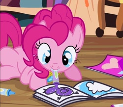 Size: 850x742 | Tagged: safe, imported from derpibooru, screencap, pinkie pie, earth pony, pony, princess twilight sparkle (episode), coloring book, crayon, cropped, drawing, element of laughter, golden oaks library, solo