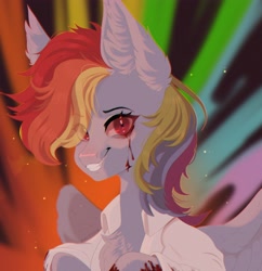 Size: 3969x4096 | Tagged: safe, artist:cherebushek, imported from derpibooru, rainbow dash, pegasus, pony, fanfic:rainbow factory, blood, clothes, creepy, creepy grin, eye clipping through hair, eyebrows, eyebrows visible through hair, fanfic art, grin, lab coat, looking at you, rainbow, smiling, solo