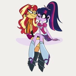 Size: 1339x1338 | Tagged: safe, artist:ruspettaa, imported from derpibooru, sunset shimmer, twilight sparkle, human, equestria girls, clothes, duo, female, lesbian, shipping, simple background, socks, sunsetsparkle