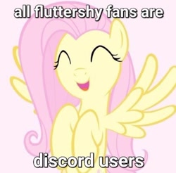 Size: 716x705 | Tagged: safe, imported from derpibooru, fluttershy, pegasus, pony, caption, discord (program), eyes closed, image macro, implied discord, meme, pink background, pun, simple background, solo, stealth pun, text