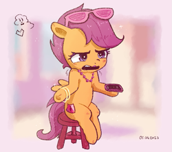 Size: 569x506 | Tagged: safe, artist:fipoki, imported from derpibooru, scootaloo, pegasus, pony, bangles, cellphone, female, filly, foal, jewelry, lipstick, necklace, phone, shrug, signature, sitting, smartphone, solo, stool, sunglasses, super mario bros., super mario bros. plumbing commercial, the super mario bros. movie