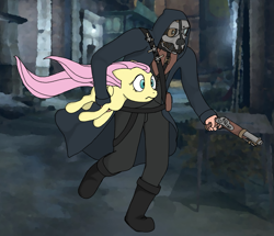 Size: 1279x1100 | Tagged: artist needed, source needed, safe, imported from derpibooru, fluttershy, human, pegasus, pony, corvo attano, crossover, dishonored, duo, flintlock, human and pony, mask