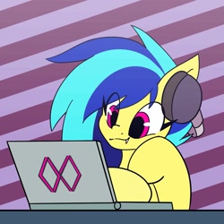 Size: 1200x1200 | Tagged: safe, artist:koapony, imported from derpibooru, oc, oc only, oc:koa, pony, computer, cute, cute little fangs, eye clipping through hair, fangs, headphones, laptop computer, solo