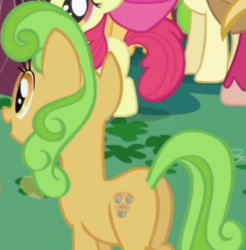 Size: 365x371 | Tagged: safe, imported from derpibooru, screencap, apple bloom, perfect pie, earth pony, pony, friendship is magic, apple family member, background character, background pony, butt, cropped, female, mare, plot, solo focus