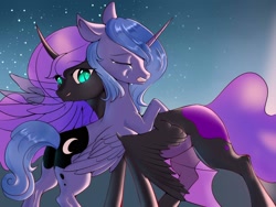 Size: 2048x1536 | Tagged: safe, artist:myriadstar3, imported from derpibooru, nightmare moon, princess luna, alicorn, pony, curved horn, duality, duo, female, horn, hug, self paradox, self ponidox