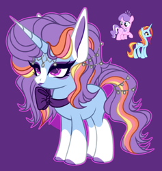 Size: 3156x3330 | Tagged: safe, artist:justsadluna, imported from derpibooru, diamond tiara, sassy saddles, oc, earth pony, pony, unicorn, bow, eyelashes, female, filly, foal, horn, jewelry, magical lesbian spawn, makeup, mare, offspring, parent:diamond tiara, parent:sassy saddles, purple background, simple background, tiara, unicorn oc