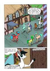 Size: 905x1280 | Tagged: safe, artist:darkhestur, imported from derpibooru, oc, oc:dusk, oc:knight, oc:morro, pony, background pony, comic, houses, panels, ponyville, speech bubble, street, tumblr comic