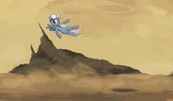 Size: 769x450 | Tagged: safe, artist:pinkchalk, artist:truthormare, dust devil, pegasus, pony, collaboration, colored, dust, featured image, female, flying, goggles, goggles on head, lineart, mare, painting, scenery, solo