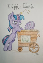 Size: 1469x2166 | Tagged: safe, artist:daisymane, imported from derpibooru, twilight sparkle, pony, unicorn, the cutie mark chronicles, bipedal, blank flank, cart, dragon egg, easter, egg, female, filly, filly twilight sparkle, happy easter, holiday, magic, solo, spike's egg, traditional art, unicorn twilight, younger