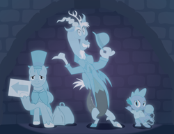 Size: 1950x1500 | Tagged: safe, artist:prixy05, imported from derpibooru, big macintosh, discord, spike, draconequus, dragon, earth pony, ghost, pony, undead, ball and chain, disneyland, hat, hitchhiking, sign, smiling, the haunted mansion