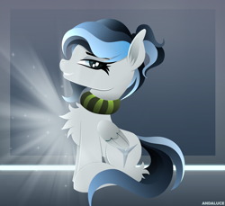 Size: 2724x2491 | Tagged: safe, artist:andaluce, imported from derpibooru, oc, oc:haze northfleet, pegasus, pony, chest fluff, clothes, cute, female, fluffy, lineless, mare, scarf, smiling, solo, striped scarf