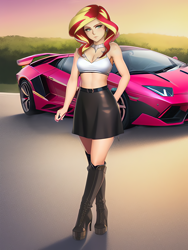 Size: 1020x1360 | Tagged: safe, imported from derpibooru, sunset shimmer, human, ai content, ai generated, bare shoulders, boots, car, choker, clothes, generator:novelai, generator:stable diffusion, high heel boots, humanized, lamborghini, midriff, prompter:sammykun, race queen, road, serious, serious face, shoes, skirt, sleeveless, solo, sunset, tanktop, tight clothing
