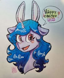 Size: 2604x3180 | Tagged: safe, artist:sizack, imported from derpibooru, izzy moonbow, pony, unicorn, bunny ears, bust, ears up, easter, easter egg, g5, heart, heart eyes, holiday, horn, signature, simple background, solo, speech bubble, text, traditional art, white background, wingding eyes