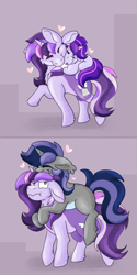 Size: 1500x3000 | Tagged: safe, artist:euspuche, imported from derpibooru, oc, oc only, oc:dreaming bell, oc:dreaming star, bat pony, bat pony unicorn, hybrid, pony, unicorn, bat pony oc, colt, cute, female, floating heart, foal, heart, horn, male, mare, ocbetes, pale belly, ponies riding ponies, riding, siblings, two toned coat, unicorn oc