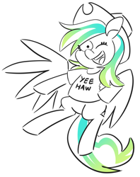 Size: 2695x3395 | Tagged: safe, artist:threetwotwo32232, imported from derpibooru, oc, oc only, oc:cool time, pegasus, pony, clothes, cowboy hat, female, hat, looking at you, mare, shirt, simple background, solo, t-shirt, white background