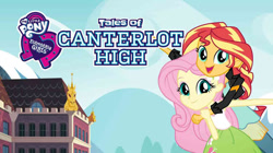 Size: 739x415 | Tagged: safe, artist:u66589, imported from derpibooru, fluttershy, sunset shimmer, human, equestria girls, equestria girls series, canterlot high, cloud, deviantart, equestria girls logo, hill, humanized, looking at you, pointing, sky, title card