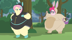 Size: 2560x1440 | Tagged: safe, artist:neongothic, imported from derpibooru, fluttershy, pinkie pie, human, equestria girls, animal costume, basket, bbw, belly, big belly, bingo wings, blushing, breasts, bunny costume, busty fluttershy, busty pinkie pie, chubby cheeks, clothes, costume, dangerous mission outfit, double chin, easter, easter bunny, easter egg, fat, fat boobs, fat fetish, fattershy, female, fetish, goggles, holiday, hoodie, huge belly, morbidly obese, obese, piggy pie, pudgy pie, smiling, ssbbw, thighs, thunder thighs, weight gain