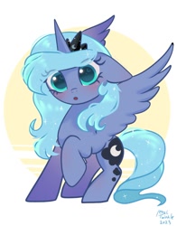 Size: 1074x1368 | Tagged: safe, artist:petaltwinkle, imported from derpibooru, princess luna, alicorn, pony, blushing, cute, female, looking at you, lunabetes, mare, open mouth, s1 luna, signature, simple background, solo, spread wings, white background, wingding eyes, wings