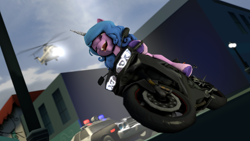 Size: 3840x2160 | Tagged: safe, artist:drixale, imported from derpibooru, izzy moonbow, pony, unicorn, 3d, bicycle, female, fuck the police, g5, helicopter, mare, motorcycle, police, police car, solo, source filmmaker