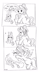 Size: 2018x3695 | Tagged: safe, artist:opalacorn, imported from derpibooru, oc, oc only, oc:void, pegasus, pony, animal costume, baby, baby pony, basket, black and white, bunny costume, clothes, colt, comic, costume, dialogue, duo, easter, easter egg, falling, female, foal, grayscale, holiday, male, mare, monochrome, mother and child, mother and son, simple background, speech bubble, white background