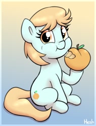 Size: 1614x2127 | Tagged: safe, artist:heretichesh, imported from derpibooru, peach fuzz, earth pony, pony, cute, eating, female, filly, foal, food, gradient background, herbivore, hoof hold, looking at you, peach, puffy cheeks, signature, sitting, smiling, smiling at you, solo