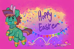 Size: 969x648 | Tagged: safe, artist:nootaz, imported from derpibooru, oc, oc only, oc:deadmeat, original species, piñata pony, pony, bipedal, bunny ears, easter, happy easter, holiday, hopping, male, piñata, solo, stallion, x eyes