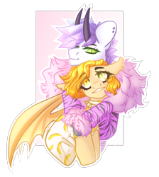 Size: 3432x3832 | Tagged: safe, artist:dreamyrat, imported from derpibooru, oc, oc only, bat pony, earth pony, pony, bat pony oc, clothes, collar, commission, couple, ear fluff, ear piercing, earth pony oc, floppy ears, green eyes, horns, hug, looking down, looking up, oc x oc, open mouth, open smile, piercing, shipping, simple background, smiling, transparent background, yellow eyes