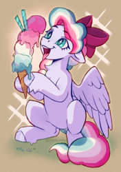 Size: 1748x2480 | Tagged: safe, artist:kotya, imported from derpibooru, oc, oc only, oc:sky sorbet, pegasus, pony, bow, cute, female, food, hair bow, ice cream, mare, ocbetes, open mouth, solo, spread wings, tongue out, wings