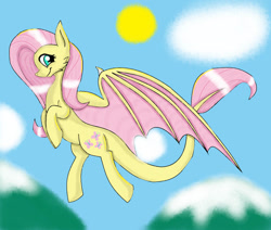 Size: 972x823 | Tagged: safe, artist:daedric-dragon, imported from derpibooru, fluttershy, dracony, dragon, hybrid, cloud, dragonified, flutterdragon, flying, looking at you, mountain, sky, smiling, species swap, spread wings, sun, wings