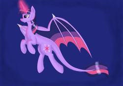 Size: 1024x722 | Tagged: safe, artist:daedric-dragon, imported from derpibooru, twilight sparkle, dracony, dragon, hybrid, dragonified, flying, glowing, glowing horn, horn, smiling, species swap, spread wings, twilidragon, wings