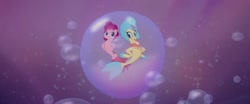 Size: 1600x665 | Tagged: safe, imported from derpibooru, pinkie pie, princess skystar, seapony (g4), my little pony: the movie, blue eyes, bubble, dancing, dorsal fin, female, fin, fin wings, fins, fish tail, flower, flower in hair, flowing mane, flowing tail, freckles, in bubble, jewelry, looking at each other, looking at someone, mare, necklace, ocean, one small thing, pearl necklace, pinkie pie trapped in a bubble, seaponified, seapony pinkie pie, seaquestria, smiling, smiling at each other, species swap, swimming, tail, underwater, water, wings