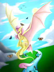 Size: 774x1033 | Tagged: safe, artist:daedric-dragon, imported from derpibooru, fluttershy, butterfly, dragon, cloud, dragoness, dragonified, eyes closed, female, flutterdragon, flying, mountain, obtrusive watermark, river, sky, species swap, spread wings, water, watermark, wings