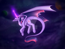 Size: 1024x768 | Tagged: safe, artist:daedric-dragon, imported from derpibooru, twilight sparkle, dracony, dragon, hybrid, dragonified, flying, glowing, glowing horn, horn, looking at you, planet, shooting star, smiling, smiling at you, space, species swap, spread wings, twilidragon, wings